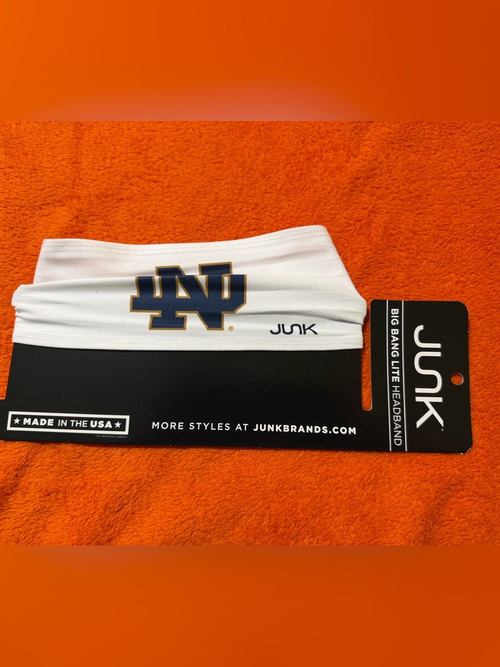 JUNK Brands Notre Dame Fighting Irish White Headband New on Card